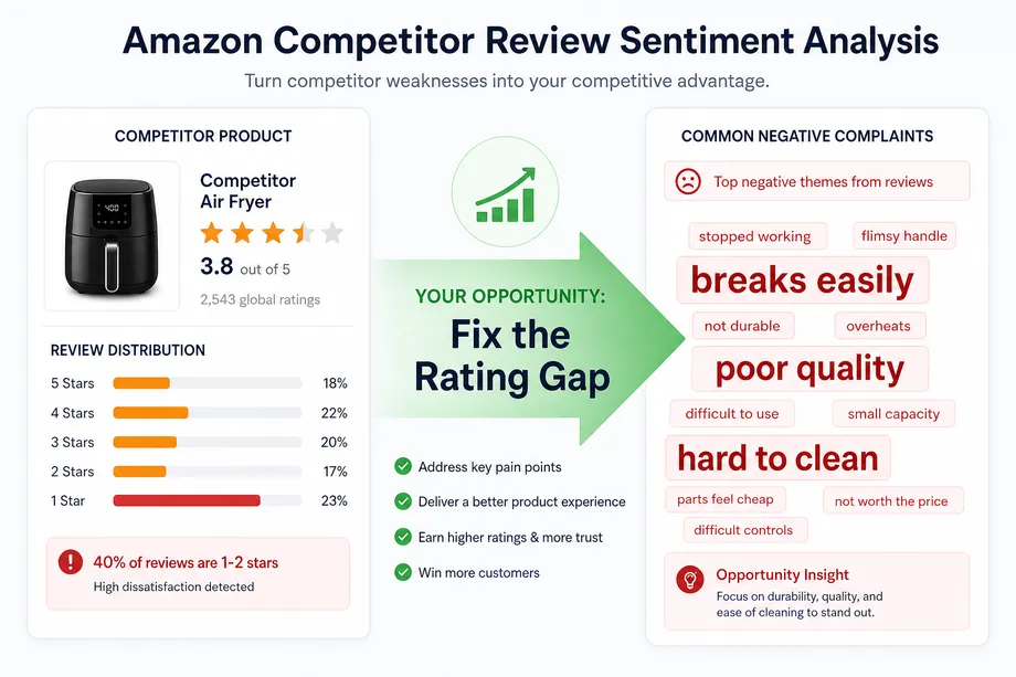 A dashboard showing competitor review sentiment analysis, highlighting common customer complaints and the Rating Gap opportunity for product differentiation.
