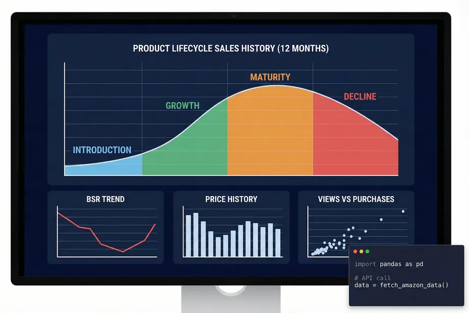 Illustration of a desktop monitor displaying a product lifecycle sales history dashboard over 12 months showing introduction, growth, maturity, and decline phases, alongside BSR trend, price history, and views versus purchases charts, with a Python pandas API code snippet in the foreground.