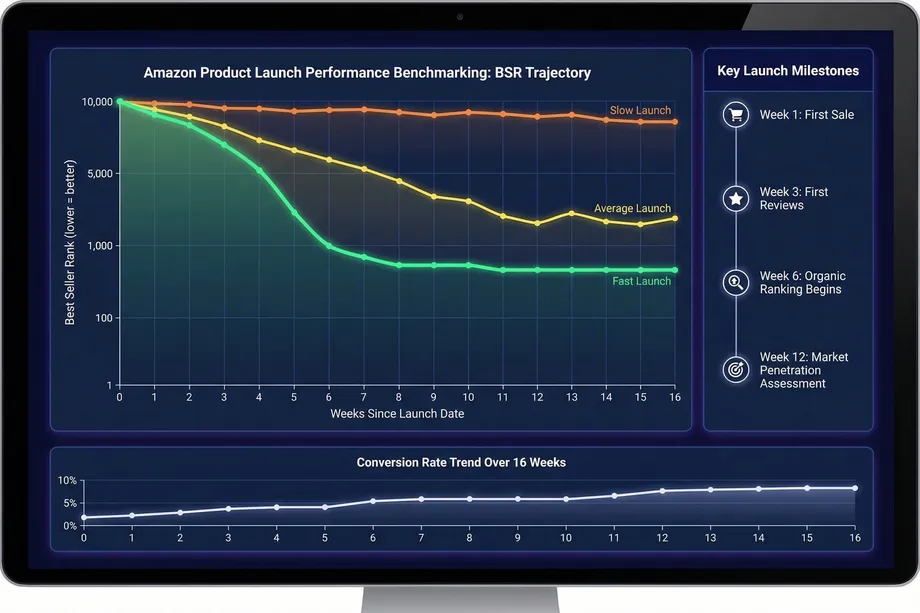 Illustration of a monitor displaying a product launch BSR trajectory benchmarking dashboard comparing slow, average, and fast launch curves over 16 weeks, alongside key launch milestones and a conversion rate trend chart growing from 0% to nearly 10%.