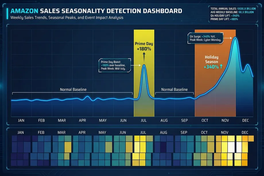 Illustration of an e-commerce sales seasonality detection dashboard showing weekly sales trends over 12 months, with two major spikes highlighted  Prime Day in July at plus 180% and Holiday Season in Q4 at plus 340%  alongside a weekly heatmap calendar below.