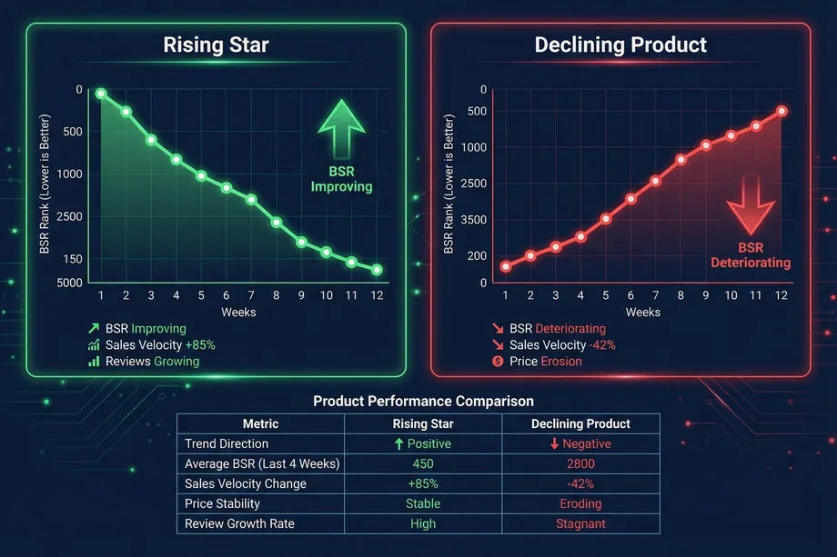 Infographic comparing a rising star product with improving BSR and plus 85% sales velocity against a declining product with deteriorating BSR and minus 42% sales velocity, shown through 12-week line charts and a performance comparison table covering trend direction, average BSR, price stability, and review growth rate.