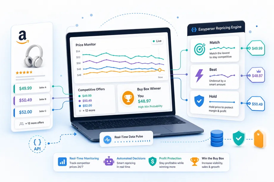 Visual representation of Amazon repricing strategy showing real-time offer data from multiple sellers, competitive pricing analysis, Buy Box winner badge, and three repricing decision paths (Match, Beat, Hold) with profit protection shield, demonstrating automated data-driven pricing optimization.