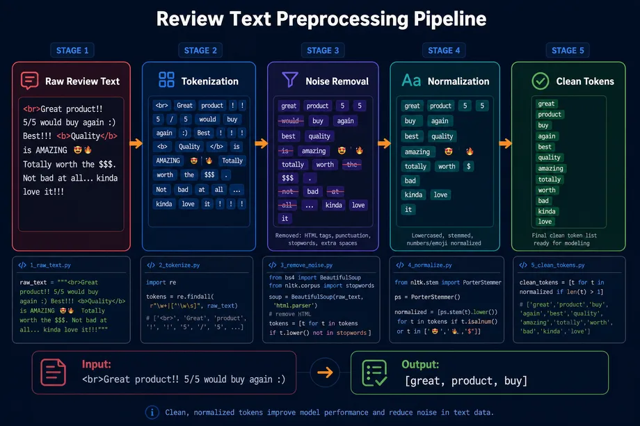 Diagram illustrating the five-stage NLP preprocessing pipeline for Amazon reviews, moving from raw text through tokenization, noise removal, and normalization to produce clean tokens.