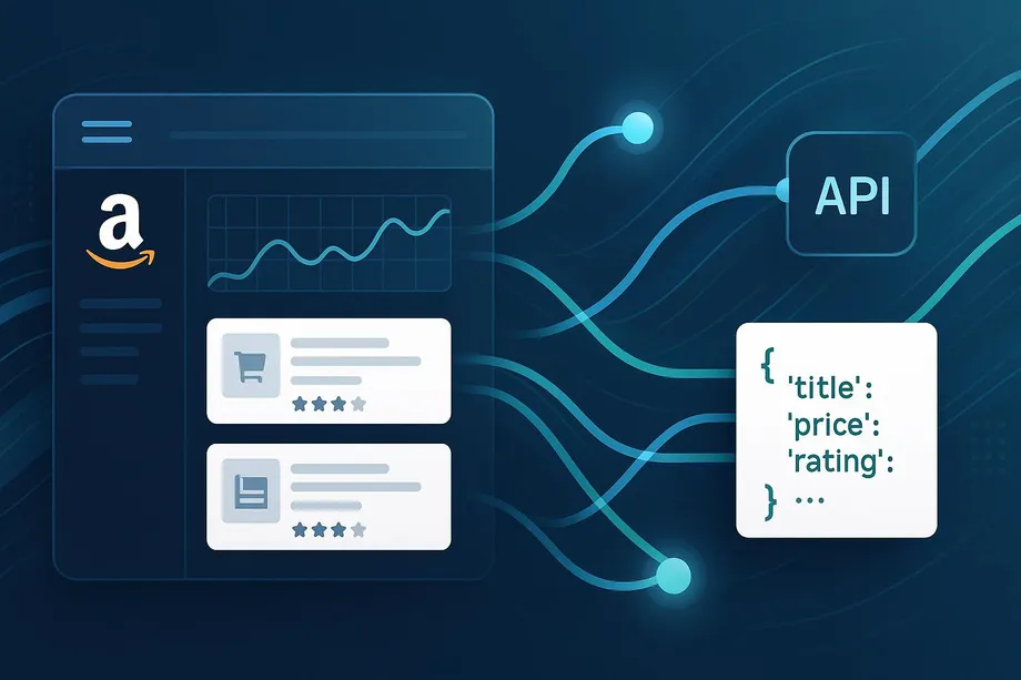 Illustration of Amazon product listing data including title, price, rating, and seller fields being transformed into structured API data for e-commerce workflows.