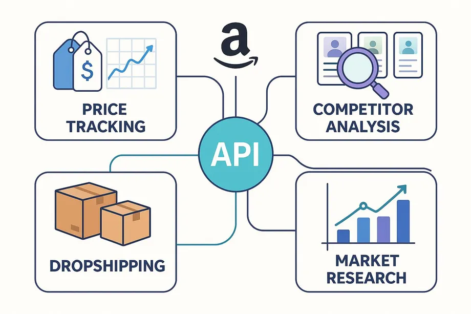 Diagram showing Amazon scraping API use cases such as price tracking, competitor analysis, product research, and market monitoring.