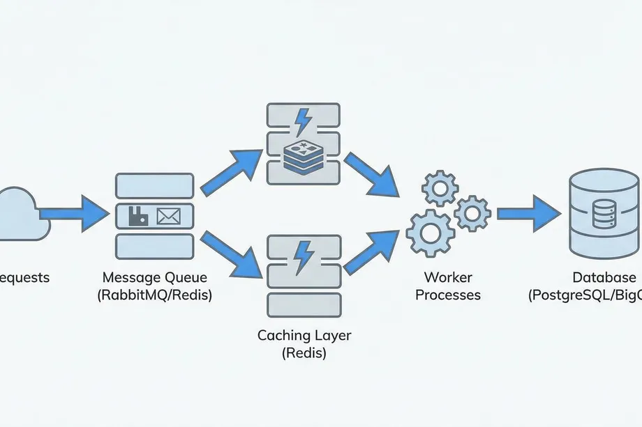 Architecture diagram showing API requests flowing through a RabbitMQ/Redis message queue, split across a Redis caching layer, processed by worker processes, and stored in a PostgreSQL or BigQuery database.