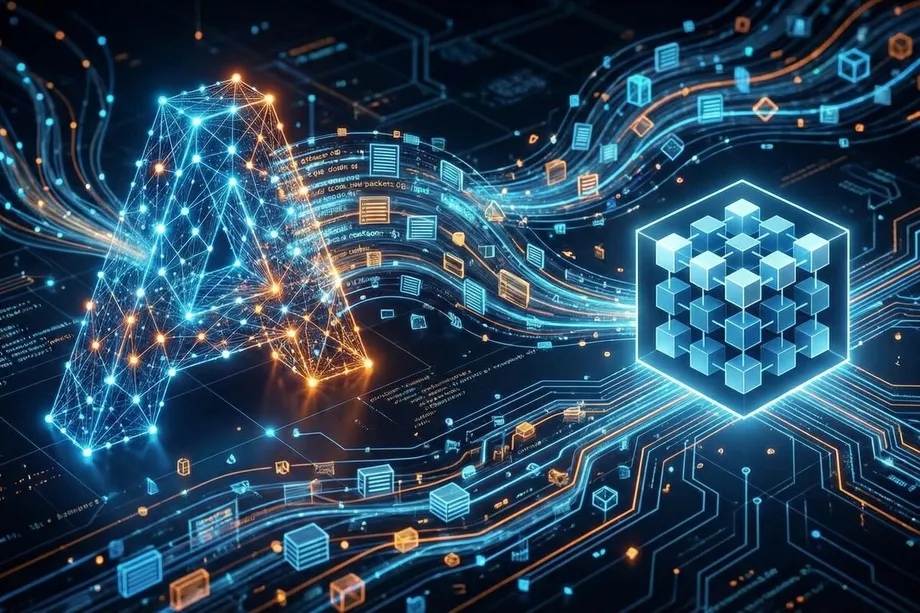 Glowing neural network in the shape of the letter A connects to a 3D data cube through flowing streams of code and digital icons on a dark blue circuit board background, representing AI-powered data processing.