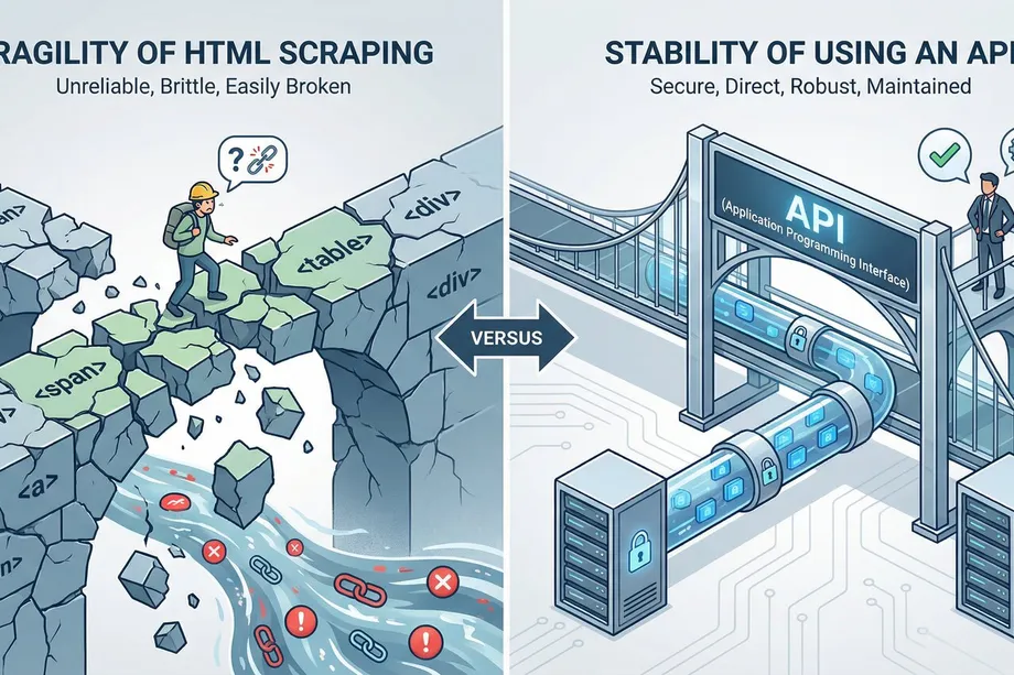 Side-by-side illustration comparing fragile HTML scraping  shown as a developer navigating crumbling rocks labeled with div and span tags  versus the stability of using an API, depicted as a secure, structured pipeline connecting two servers.