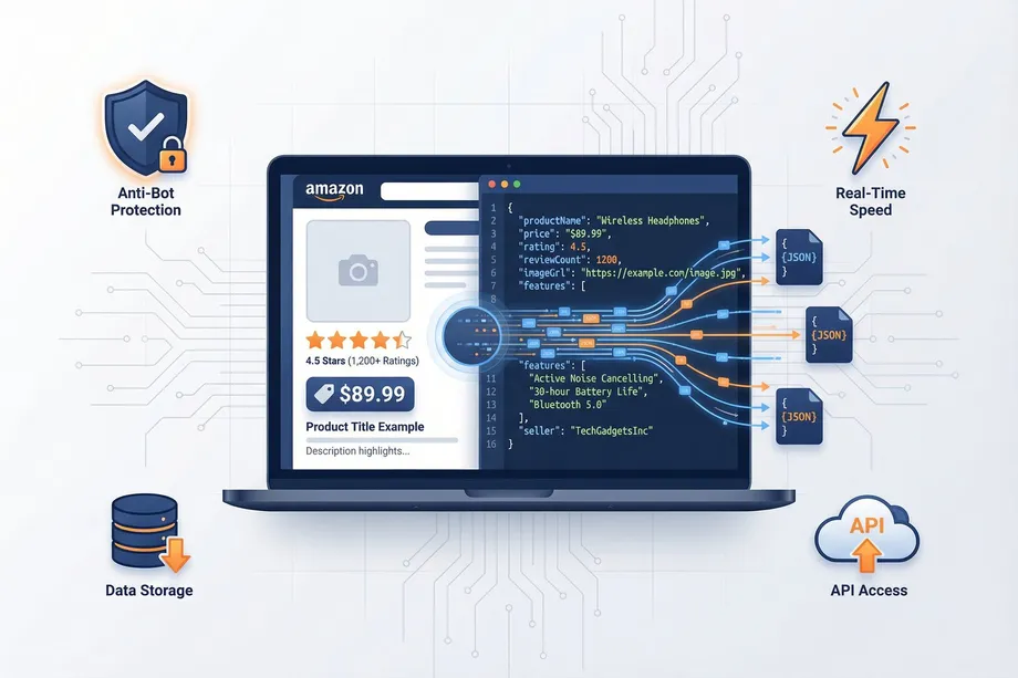 Illustration of a laptop displaying an e-commerce product page alongside structured JSON extraction code, with surrounding icons representing anti-bot protection, real-time speed, data storage, and API access capabilities.