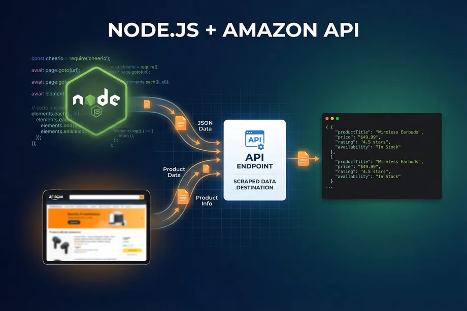 Illustration of a Node.js and e-commerce API data pipeline where product page data flows through JSON, product data, and product info streams into an API endpoint, outputting structured JSON with product title, price, rating, and availability.