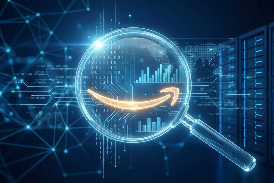 Illustration of a magnifying glass focusing on an e-commerce marketplace logo surrounded by binary code, bar charts, a world map, and server racks, representing large-scale product data scraping and market intelligence analysis.