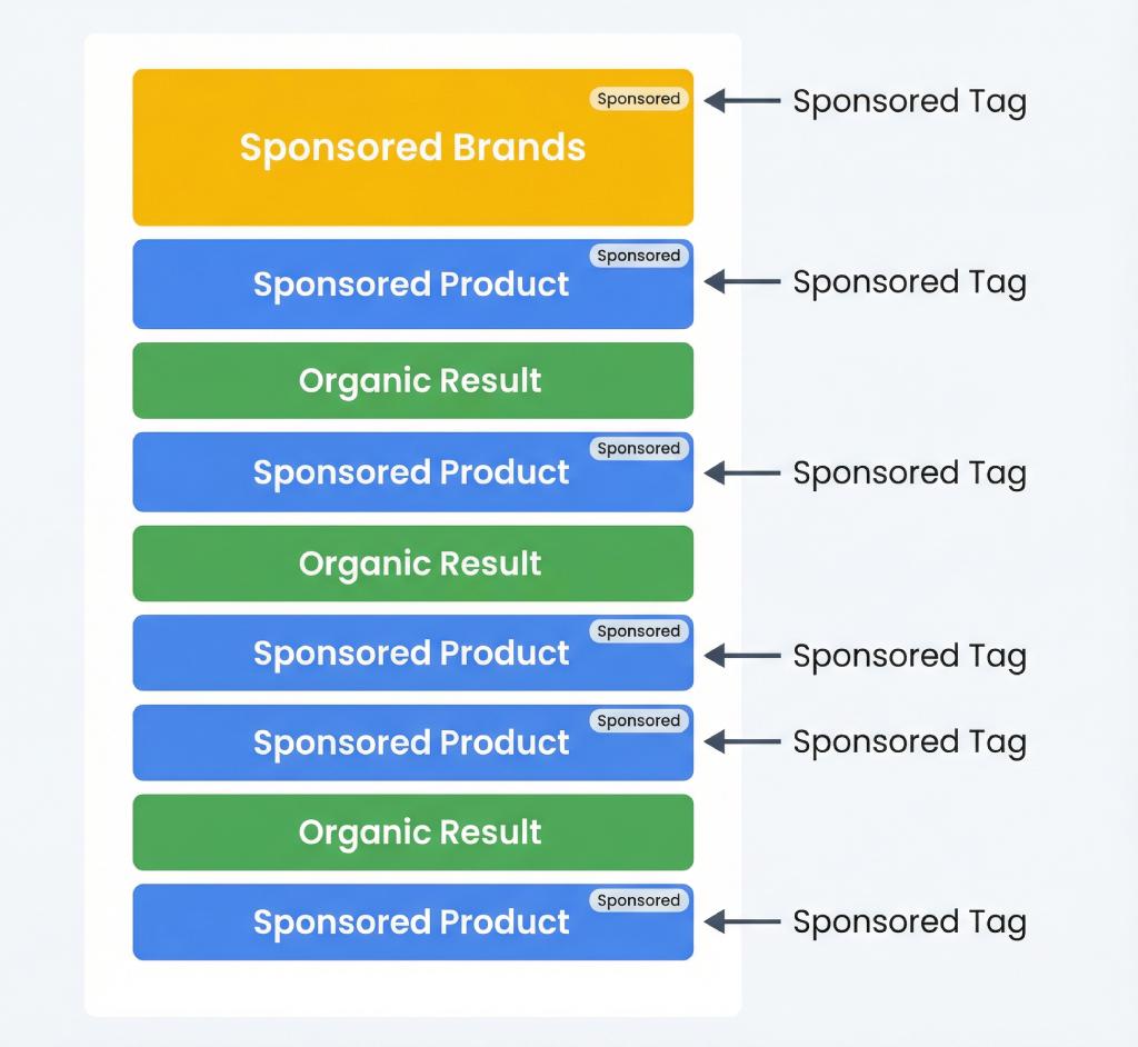A diagram showing the different sponsored and organic sections on an Amazon search results page.