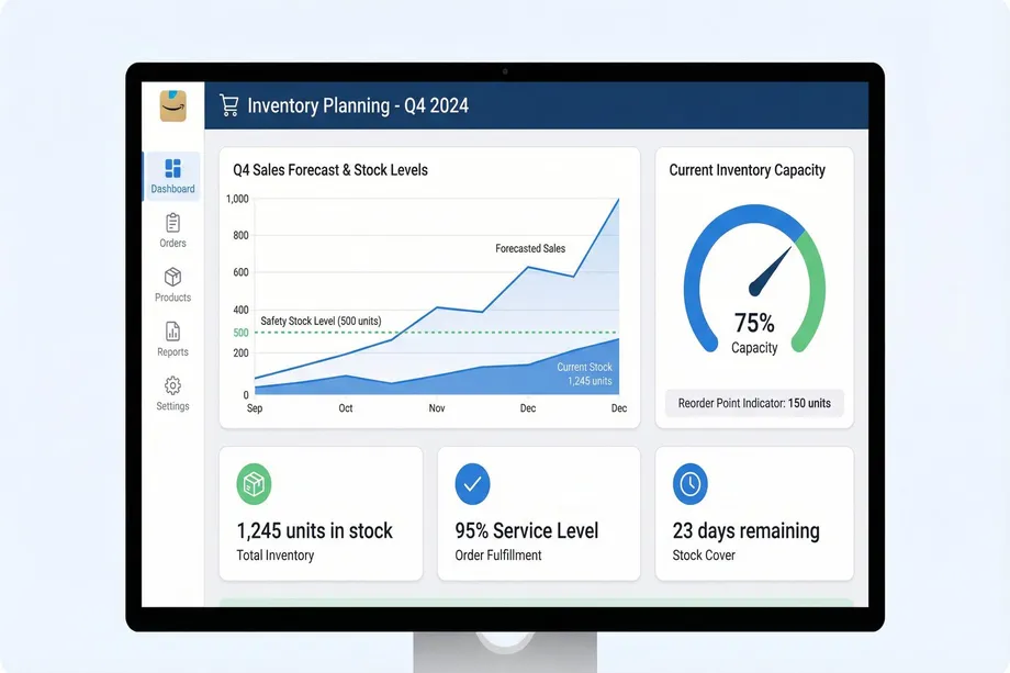 Amazon Q4 2024 inventory planning dashboard displaying a sales forecast chart with 1,245 units current stock, 75% warehouse capacity, 95% order fulfillment service level, and 23 days of stock cover remaining before reorder point.