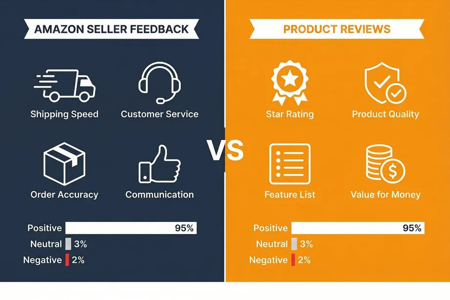 Comparison chart highlighting the differences between Amazon seller feedback and product reviews
