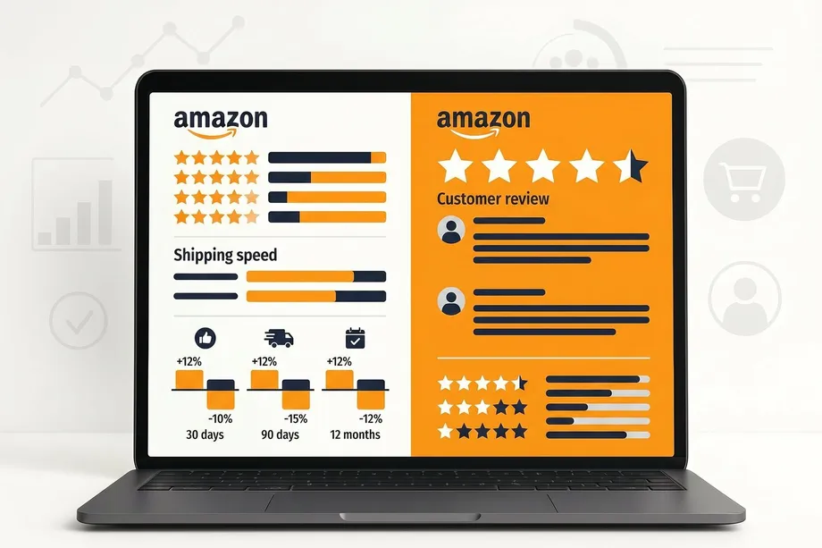 Split-screen illustration comparing Amazon seller feedback metrics - 30-day, 90-day, and lifetime rating percentages on the left - against product review elements including star rating, verified purchase badge, and ASIN-linked review count on the right, representing the critical distinction between seller reputation and product quality data.