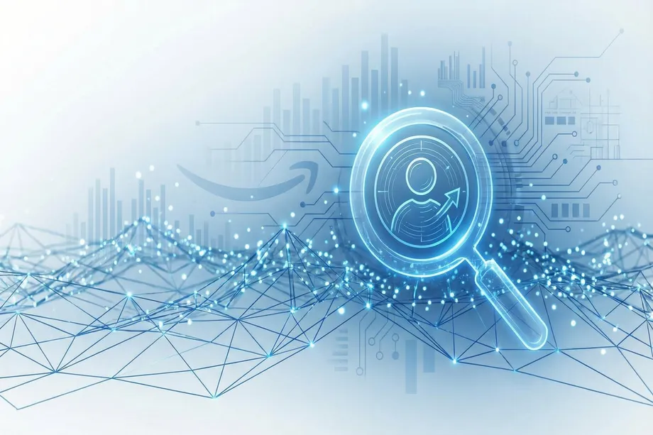 Glowing magnifying glass highlighting a seller profile icon with an upward arrow, set against an Amazon-branded digital background with bar charts and connected data points, representing Amazon seller analytics and performance tracking.