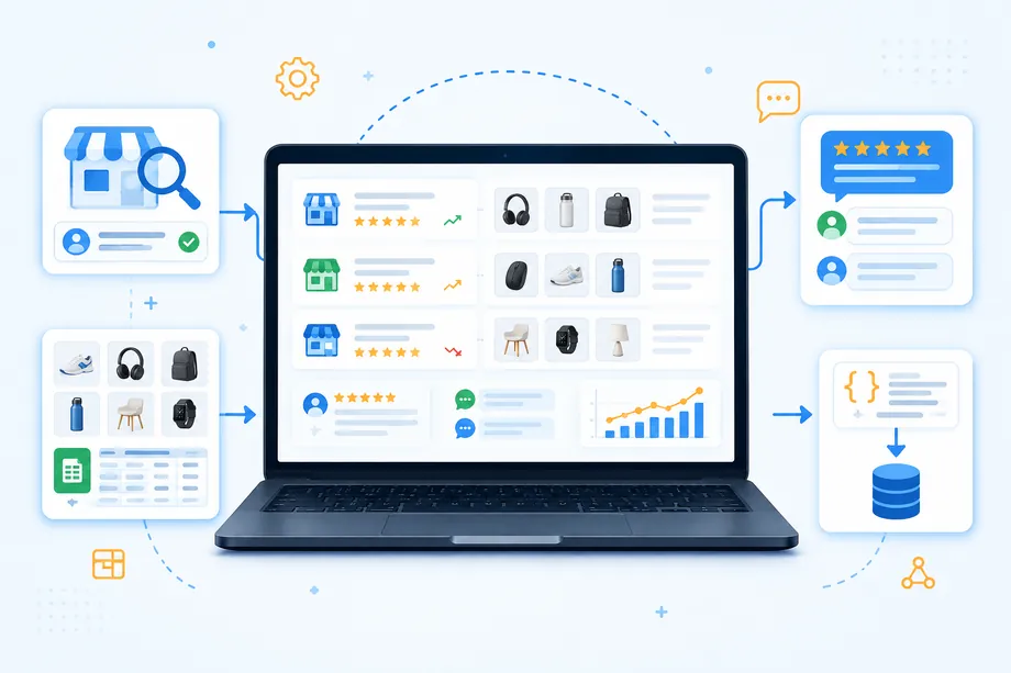 A seller intelligence dashboard on a laptop connects Amazon storefront discovery, catalog exports, feedback analysis, and structured API data, illustrating a complete Amazon seller research workflow.