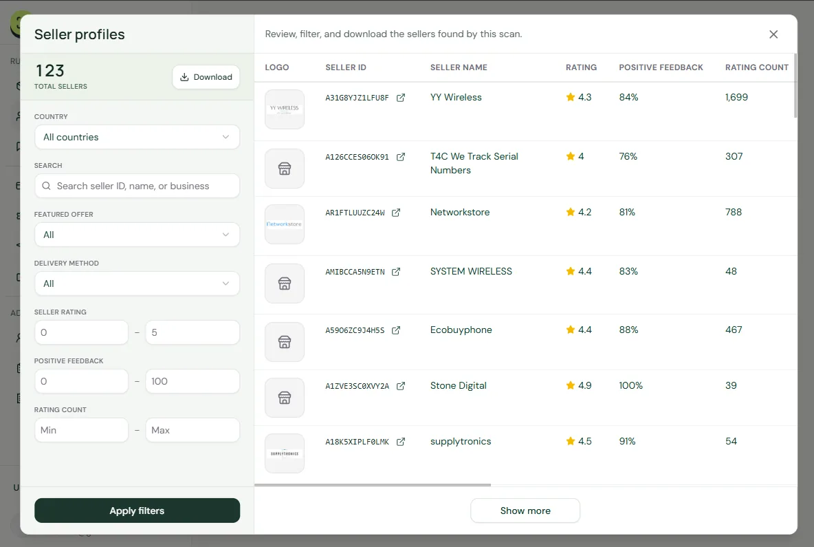 SellerExport Seller Profiles scan results showing filters and seller rows for Seller ID, seller name, rating, positive feedback, and rating count.