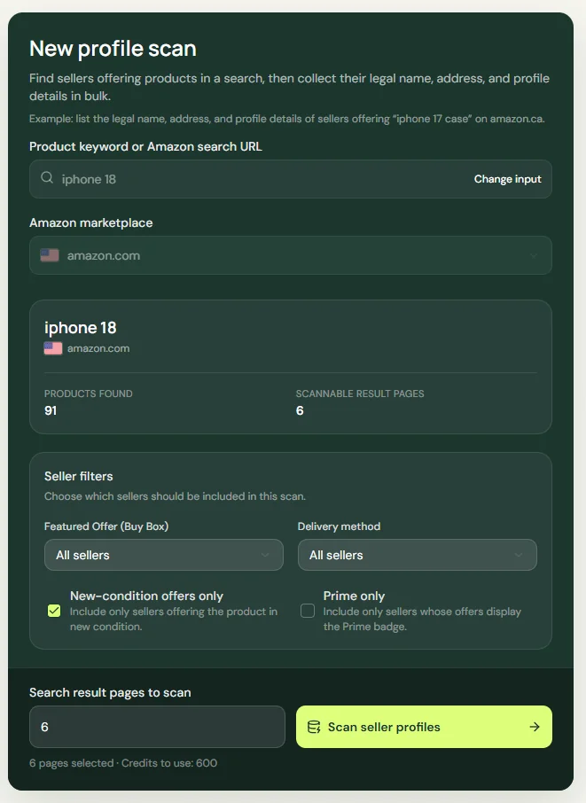 SellerExport Seller Profiles scan setup showing an Amazon keyword, marketplace, result-page scope, offer filters, delivery filters, and the scan action.
