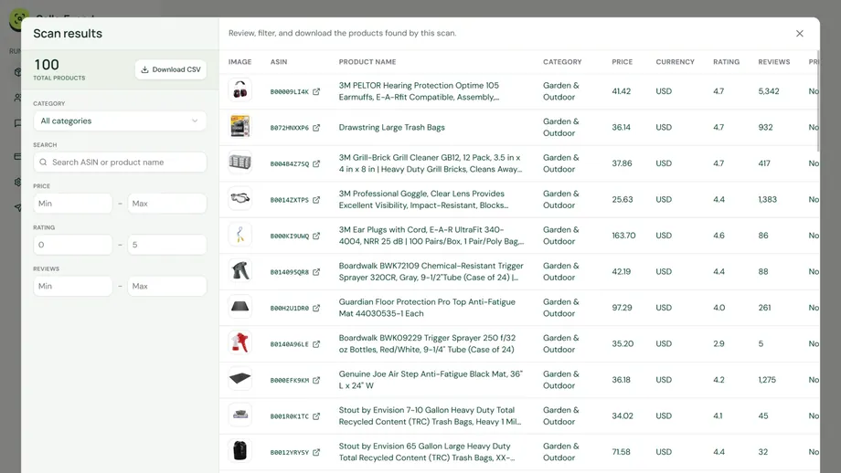 SellerExport Seller Products scan results with catalog filters and product rows for ASIN, product name, category, price, rating, and review count.