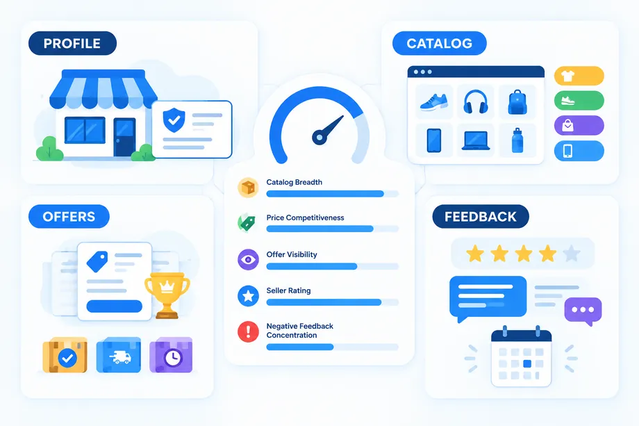 Amazon seller scorecard framework combining profile, catalog, offer, and feedback evidence with weighted research signals.