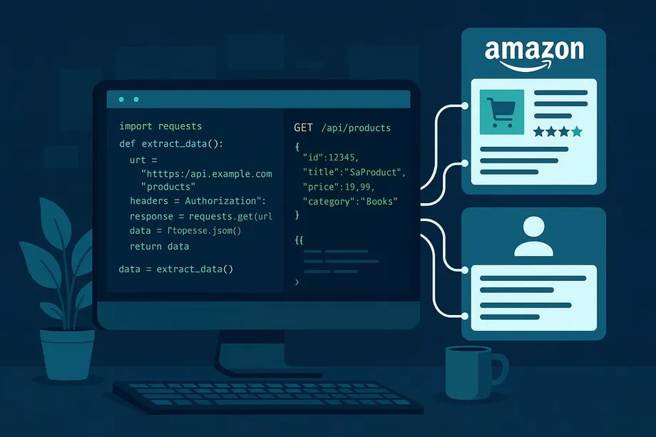 Illustration of a developer's desktop displaying a Python script making a GET /api/products request that returns Amazon product data  including id, title, price, and category fields  mapped to a product listing card and a seller profile card.