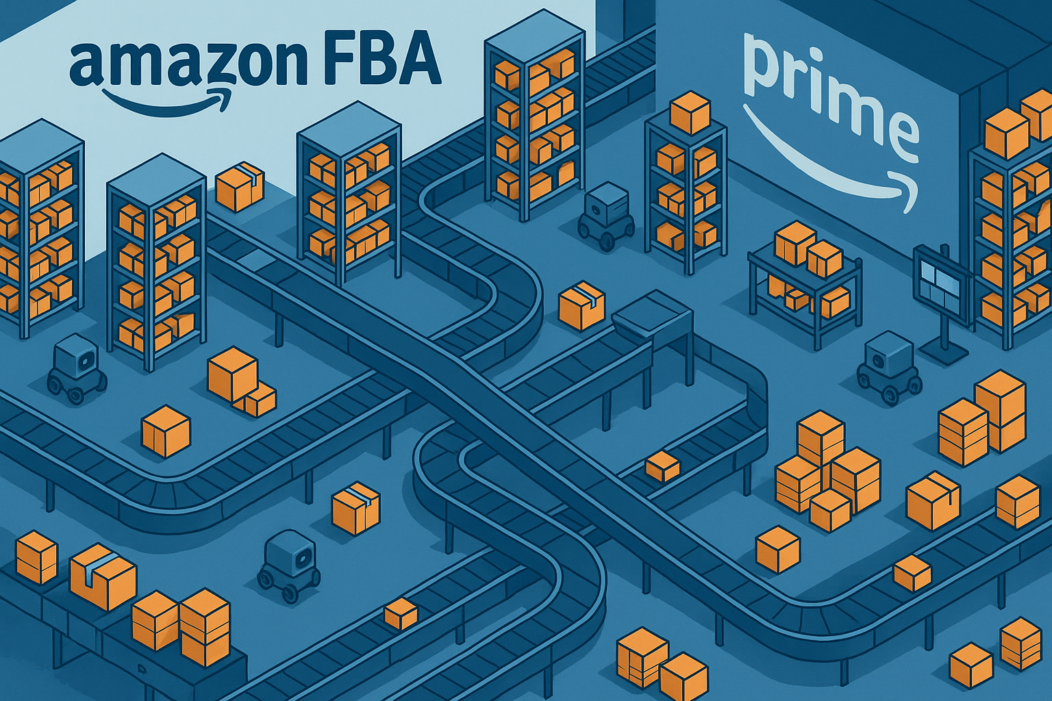 Amazon FBA warehouse with Prime branding and automated fulfillment