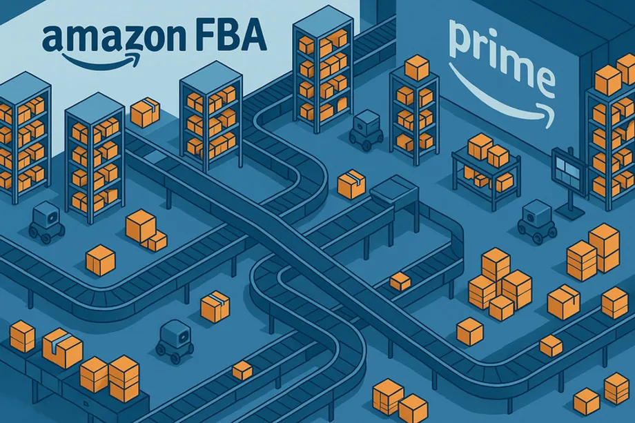 Illustration of an Amazon FBA fulfillment center with conveyor belts, shelving units stacked with packages, and forklifts moving boxes, with a Prime logo displayed on a large warehouse sign.