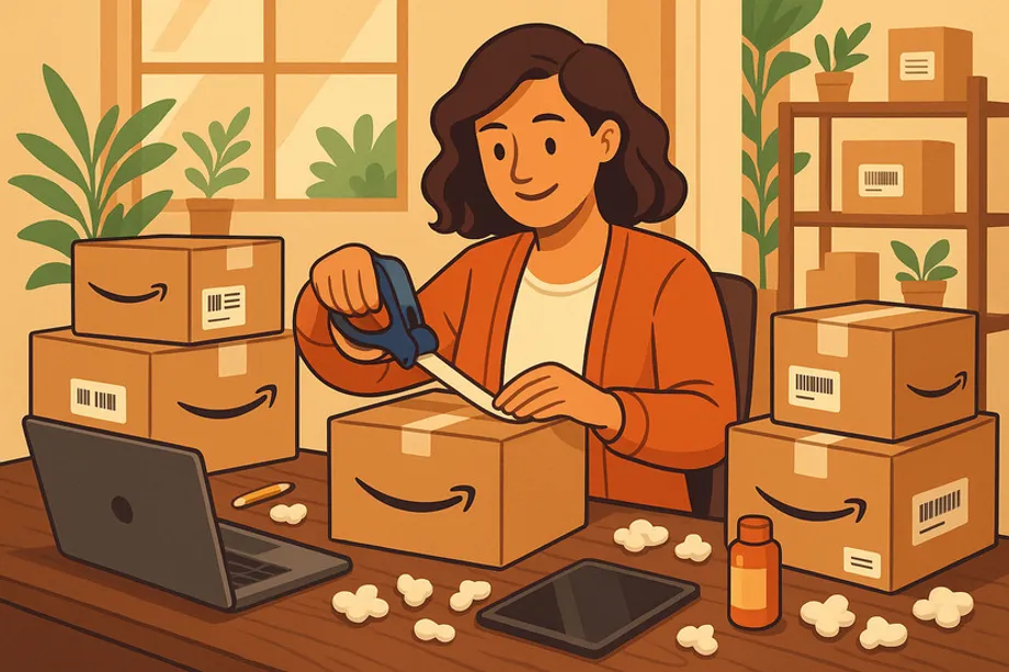 Illustration of a smiling woman packing Amazon orders at a home desk surrounded by branded boxes, shipping labels, a laptop, and a tablet, representing a small-scale FBM seller fulfilling orders independently.