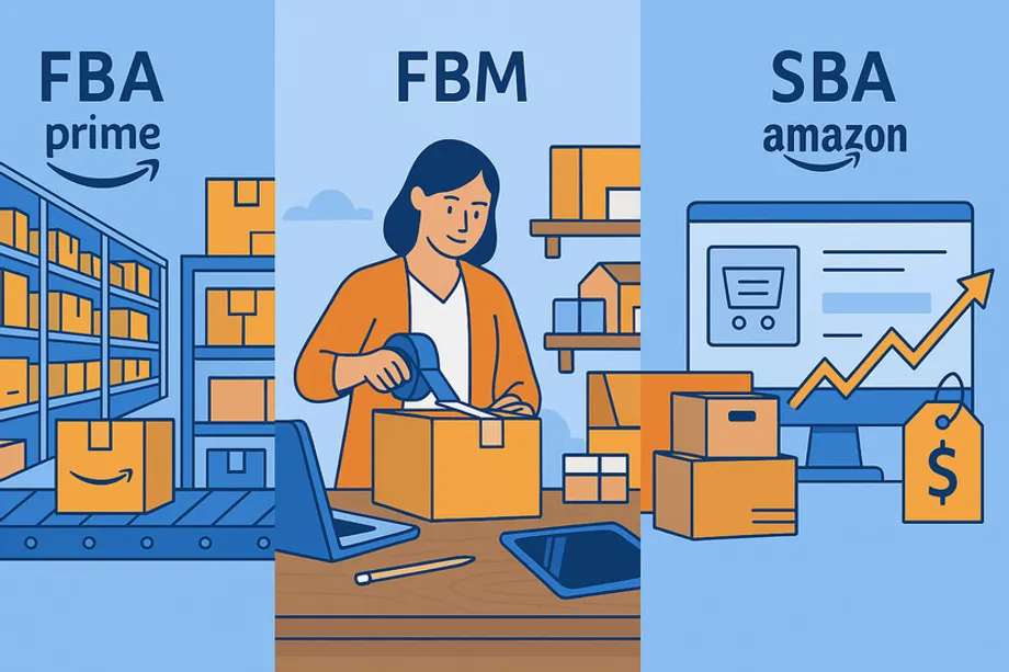 Illustration comparing three Amazon fulfillment models: FBA (Fulfillment by Amazon) showing a warehouse with Prime-branded boxes on conveyor belts, FBM (Fulfillment by Merchant) showing a seller hand-packing orders, and SBA showing a computer with a rising sales chart and price tag.