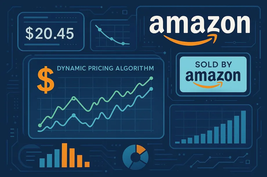 Illustration of Amazon's dynamic pricing algorithm dashboard showing a rising price trend line, a current price of $20.45, a 