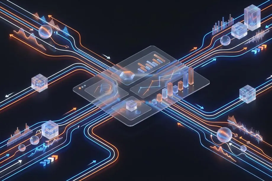 Futuristic 3D illustration of converging blue and orange data streams flowing into a central transparent analytics dashboard with bar charts and line graphs, representing real-time data pipeline processing and business intelligence integration.