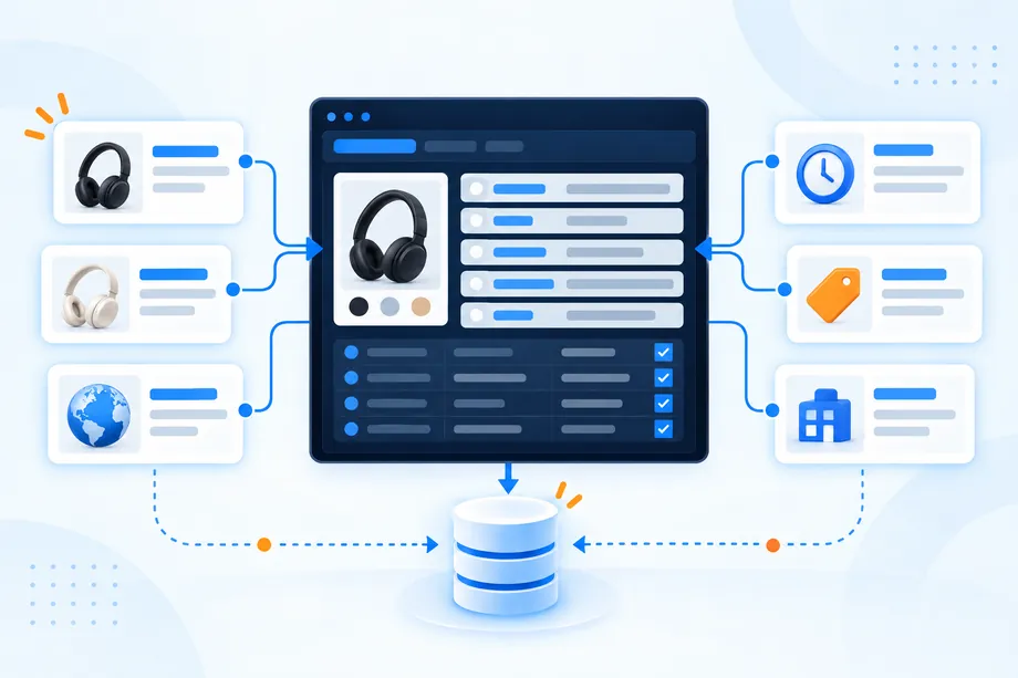 Structured candidate record workflow showing source product, marketplace, category tag, collection timestamp, normalized fields, and database storage.