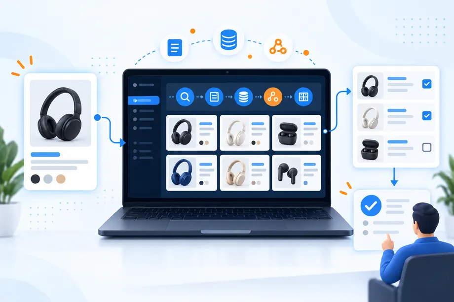 A seed product card expands into structured similar-product candidates on a dark data dashboard, then moves through a review queue for competitor discovery.