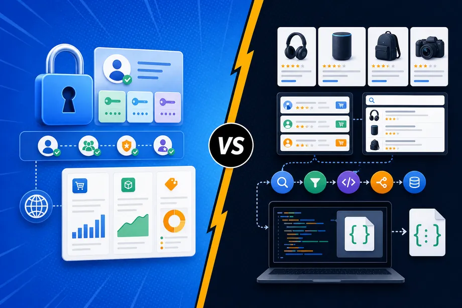 A clean split-screen technical illustration comparing Amazon SP-API and Easyparser. The left side shows an authenticated seller account, roles, tokens and operational data, while the right side shows public Amazon listings flowing through Easyparser into structured JSON, with a central decision boundary and blue, green and orange SaaS-style accents.