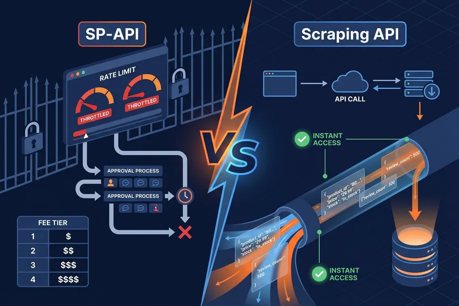 Illustration comparing SP-API and Scraping API approaches, showing SP-API's rate limits, approval processes, and fee tiers on the left versus a scraping API's instant access and direct JSON data pipeline on the right.