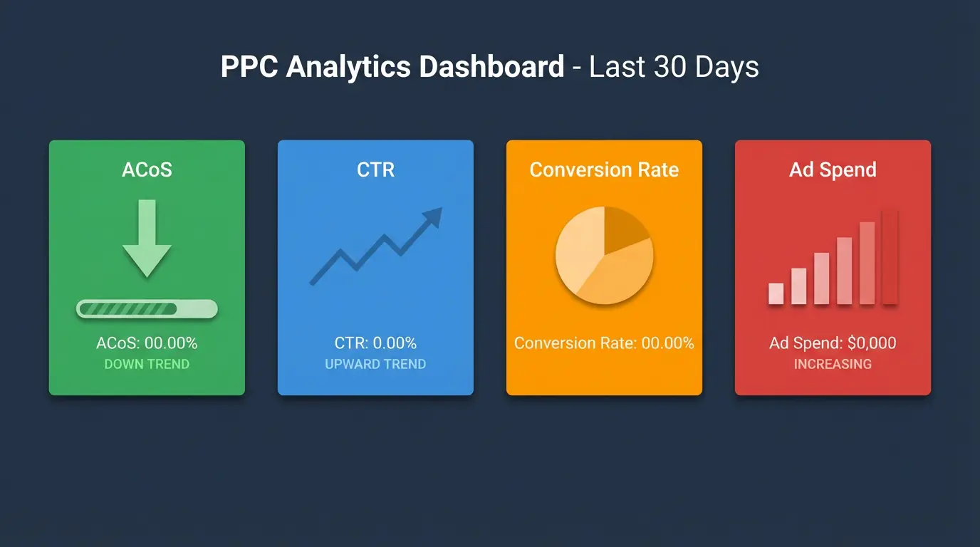 A dashboard showing key Amazon PPC metrics like ACoS, Spend, Sales, and Impressions.