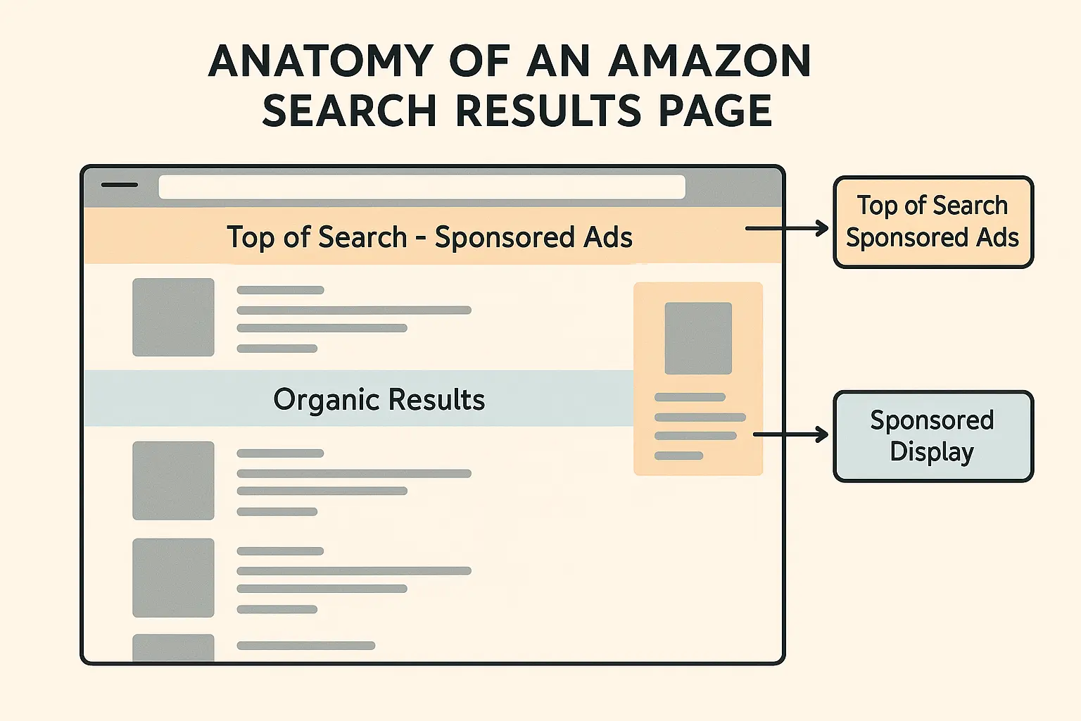 Anatomy of an Amazon search results page, highlighting sponsored ad placements.