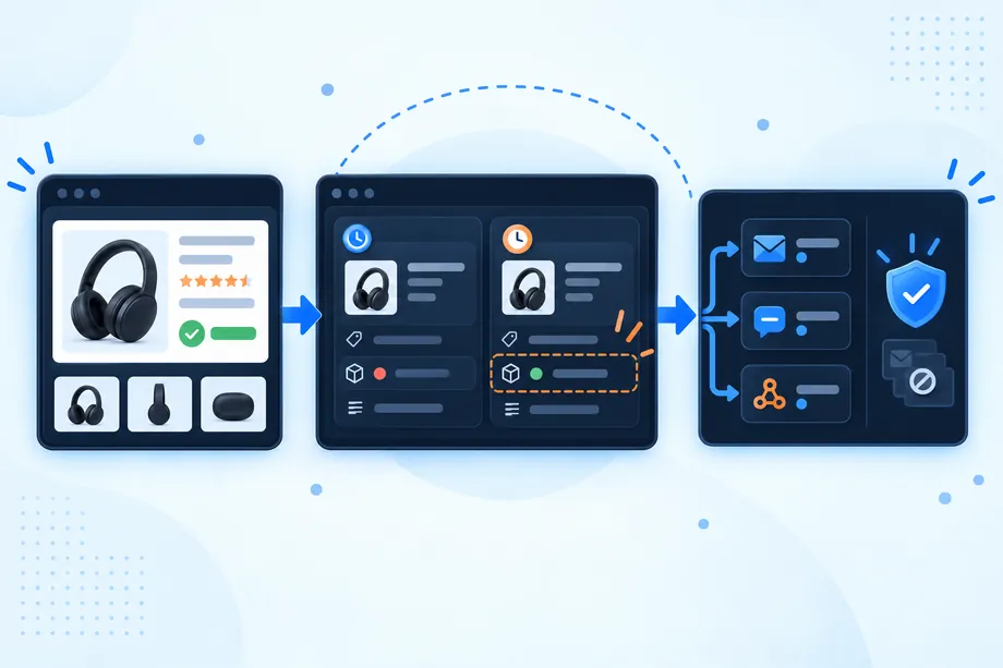 Illustrated workflow showing a product availability snapshot, a before-and-after state comparison, and deduplicated notifications sent to email, chat, and webhook channels.