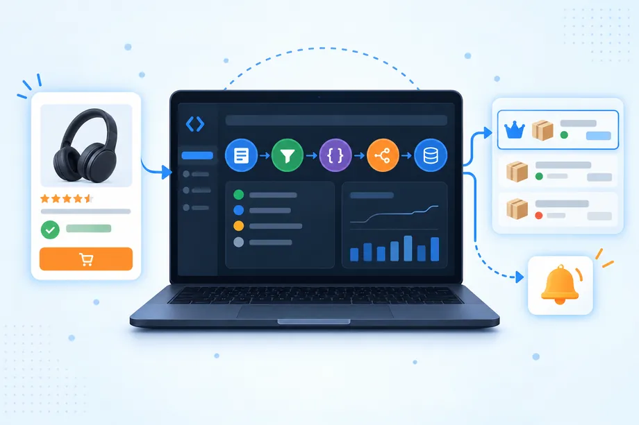 A dark navy monitoring dashboard connects a product availability card to offer rows with a Buy Box crown and an orange alert bell, illustrating structured Amazon stock and Buy Box monitoring.