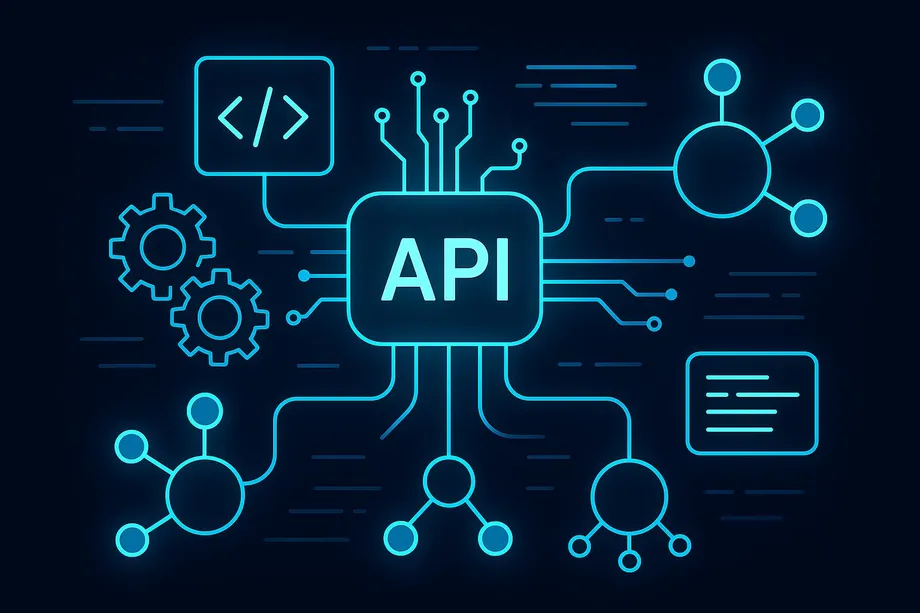 Illustration of an API chip at the center of a circuit board network, connected to code, gear, documentation, and node cluster icons, representing a scalable software integration infrastructure.