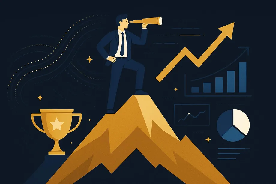 Illustration of a businessman standing on a mountain peak looking through a telescope, surrounded by rising charts, a trophy, and growth graphs, symbolizing strategic business vision and market success.