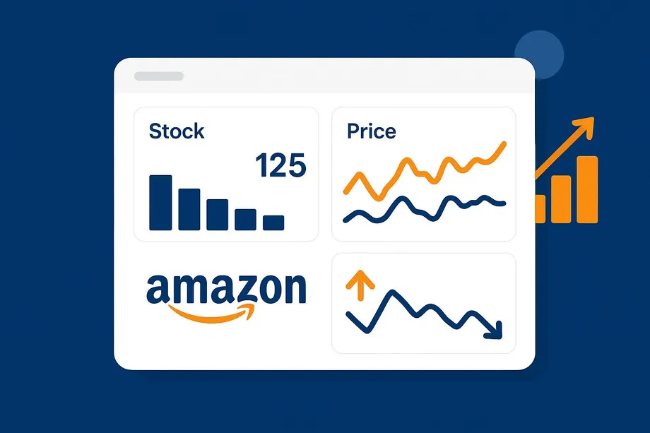 Illustration of an Amazon seller dashboard displaying stock level (125 units), price trend charts, and inventory fluctuation graphs, with a rising bar chart in the background.