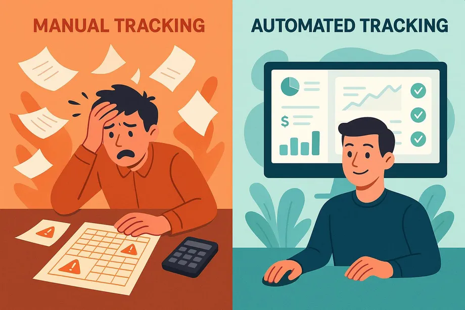 Illustration comparing manual tracking versus automated tracking: on the left, a stressed person surrounded by scattered papers and error warnings; on the right, a calm person using a computer with clean dashboards and checkmarks.