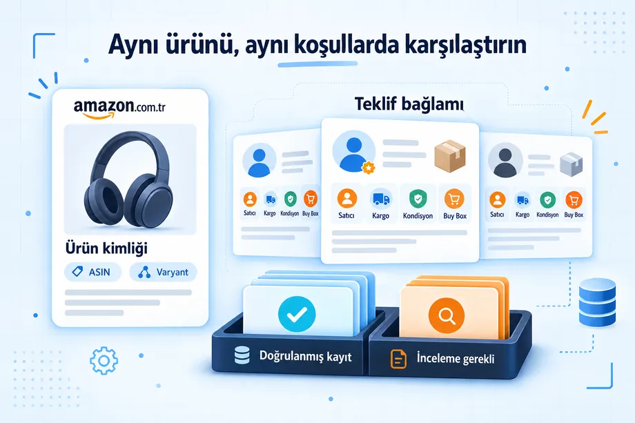 ASIN ve varyantla tanımlanan ürün kimliğini, satıcı, kargo, kondisyon ve Buy Box teklif bağlamından ayıran doğrulama illüstrasyonu.