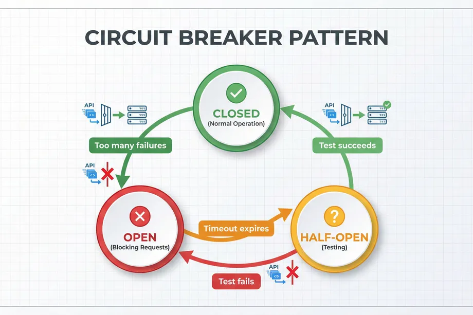 Circuit breaker pattern diagram showing three states: Closed (normal operation) transitions to Open (blocking requests) after too many failures, Open transitions to Half-Open (testing) after timeout expires, and Half-Open returns to Closed on success or back to Open on test failure.