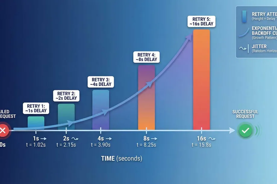 Bar chart illustrating API exponential backoff with jitter: five retry attempts with doubling delays of 1s, 2s, 4s, 8s, and 16s following a failed request at 0s, ending in a successful request after approximately 15.8 seconds.