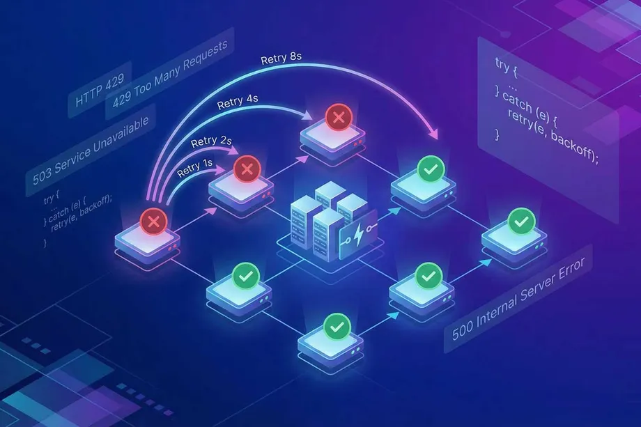 Isometric illustration of an API exponential backoff retry strategy, showing failed requests retrying at 1s, 2s, 4s, and 8s intervals alongside HTTP 429, 503, and 500 error codes, with successful nodes surrounding a central server cluster.