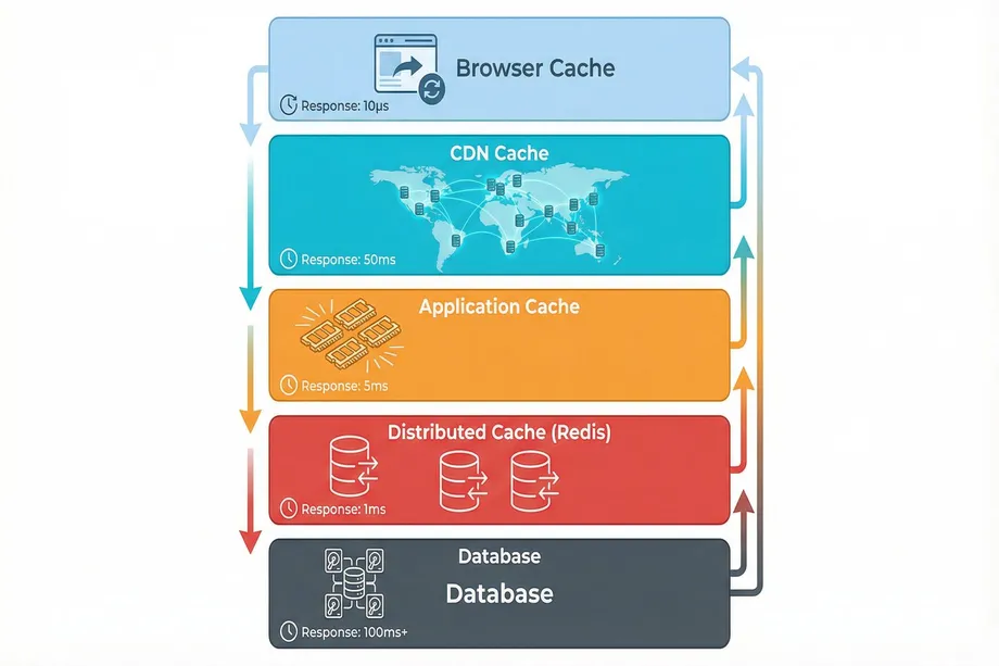 Layered caching architecture diagram showing five levels from fastest to slowest: browser cache (10μs), CDN cache (50ms), application cache (5ms), distributed Redis cache (1ms), and database (100ms+), with bidirectional request and response flows between each layer.