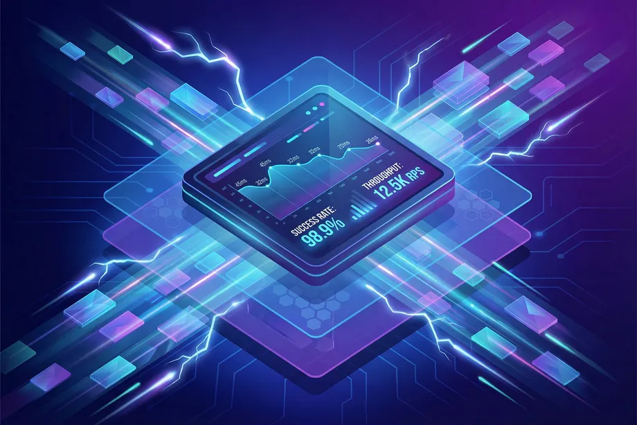 Futuristic isometric illustration of a high-performance API processor displaying 98.9% success rate and 12.5K requests per second throughput, surrounded by lightning bolts and streaming data on a dark blue-purple background.